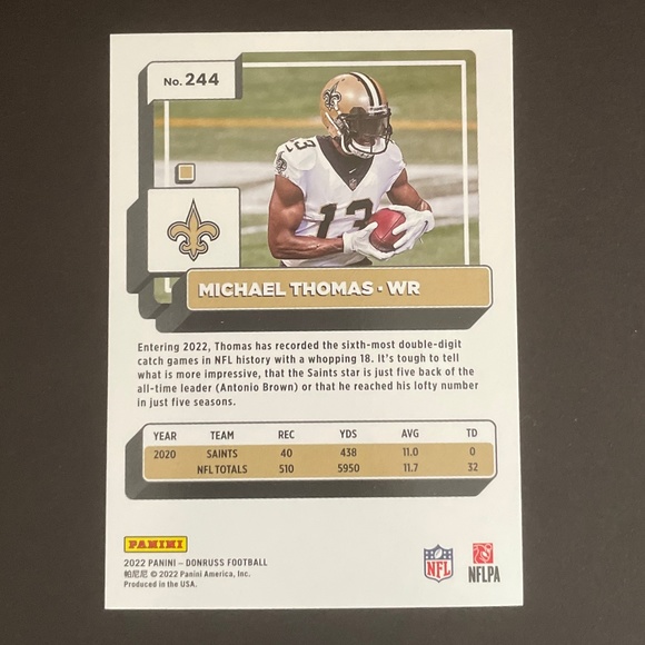 Michael Thomas: New Orleans Saints, Wide Receiver 2022 Panini Donruss #244 - Picture 2 of 2